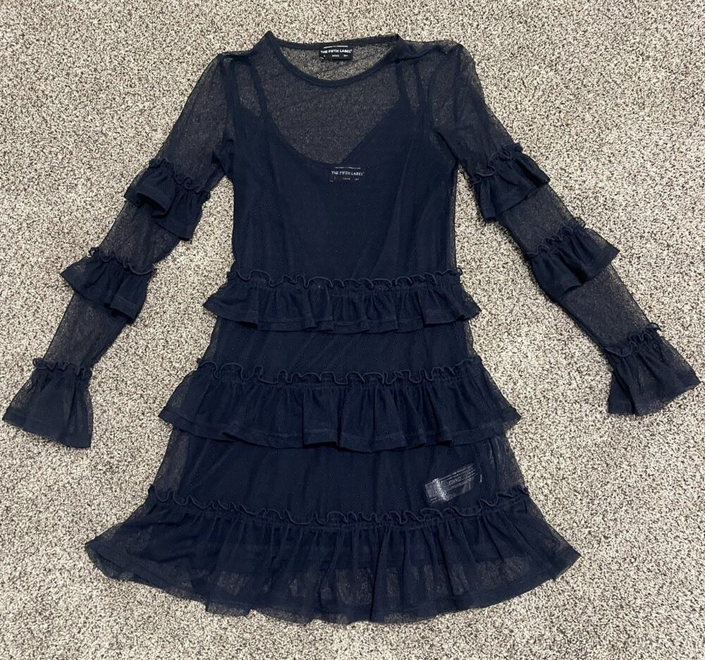 The Fifth Label Navy Ruffle Mesh Mini Dress Women S Long Sleeve Sheer Tiered